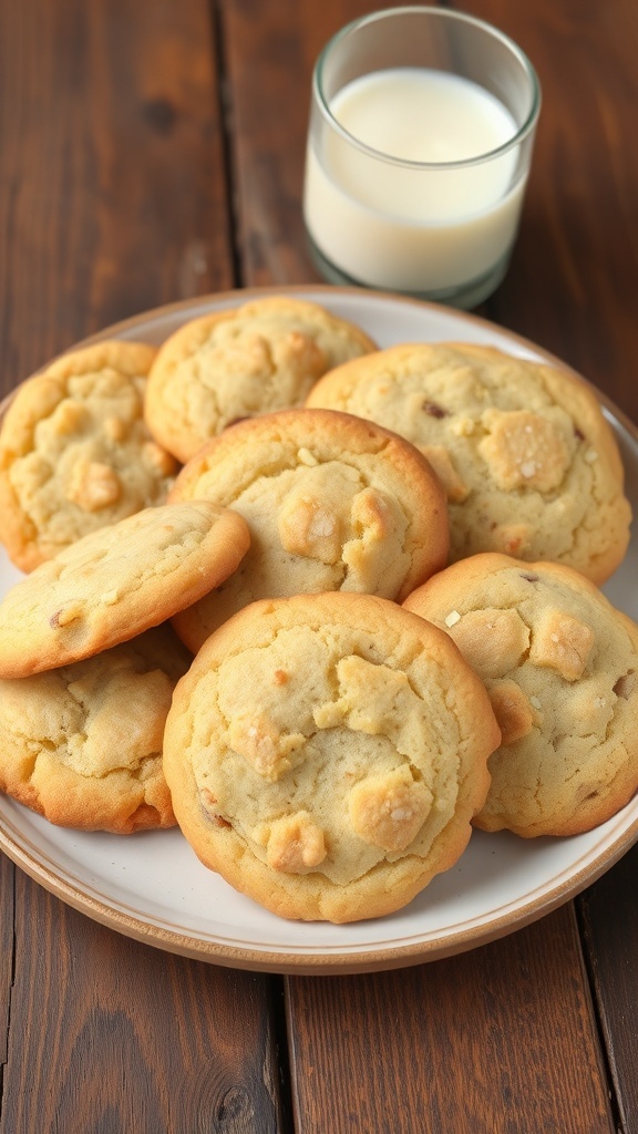 A plate of golden vanilla bean cookies with visible vanilla specks, accompanied by a glass of milk on a wooden table.